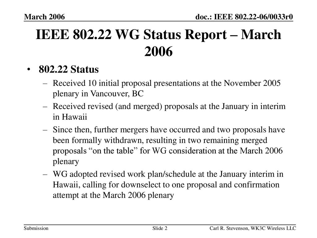 IEEE WG Status Report – March 2006