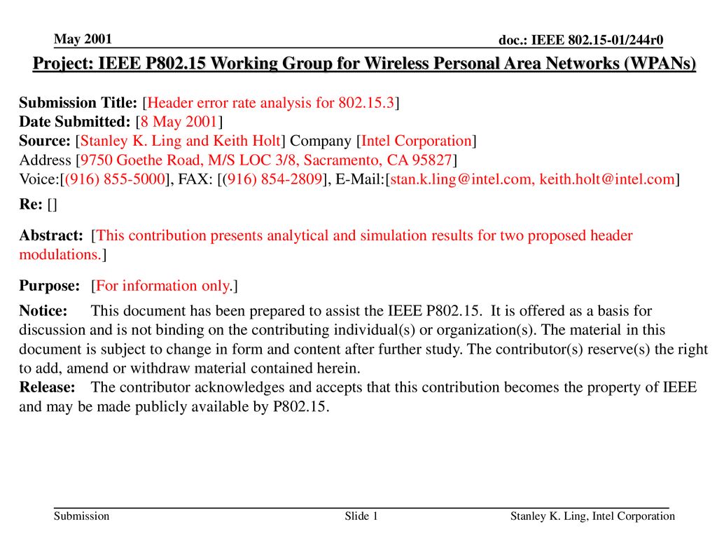 <month year> doc.: IEEE /244r0. May Project: IEEE P Working Group for Wireless Personal Area Networks (WPANs)