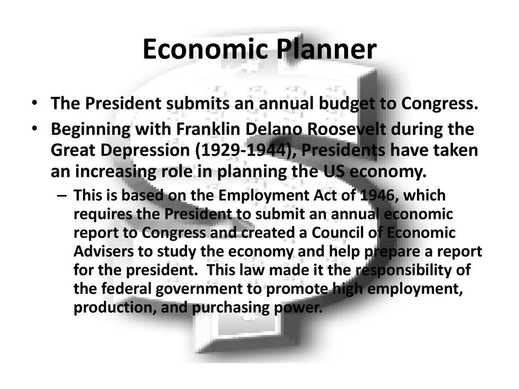 Economic Planner The President submits an annual budget to Congress.