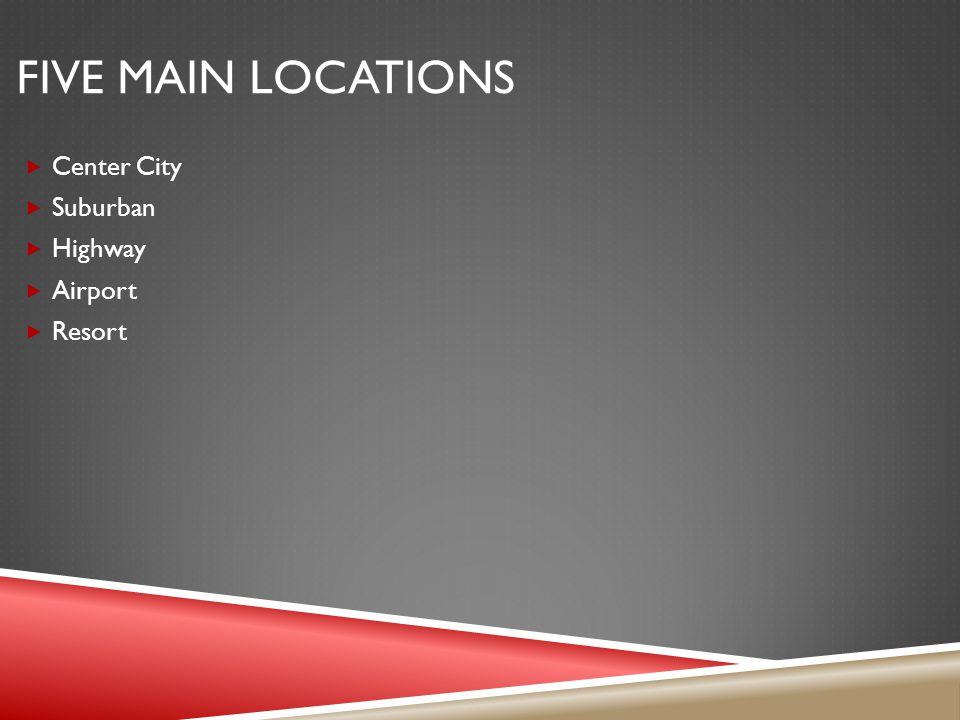 Five Main Locations Center City Suburban Highway Airport Resort
