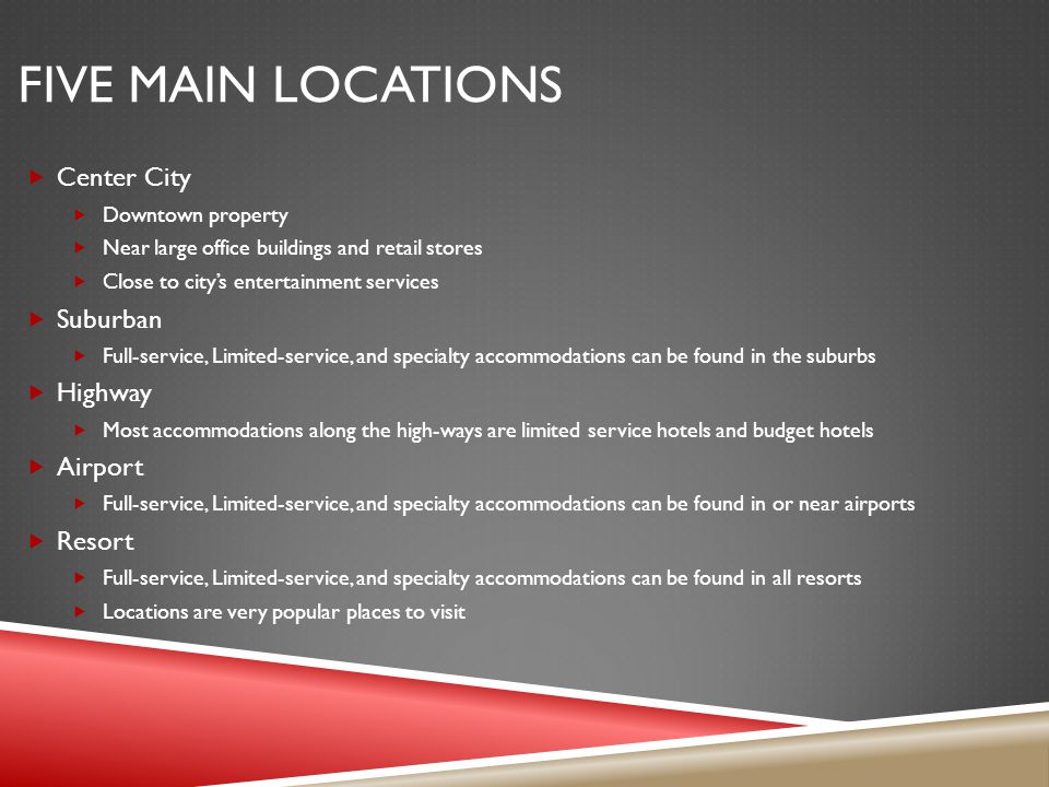 Five Main Locations Center City Suburban Highway Airport Resort