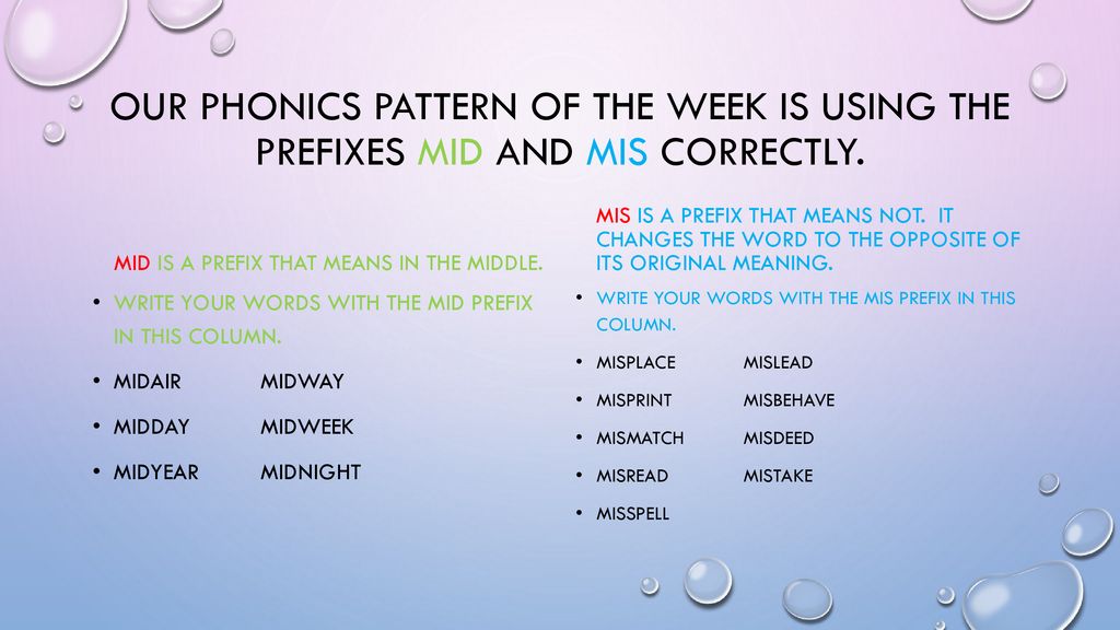 Our phonics pattern of the week is using the prefixes mid and mis correctly.