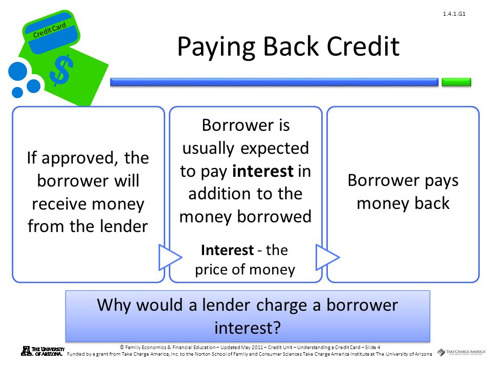 Paying Back Credit Borrower is usually expected to pay interest in addition to the money borrowed.