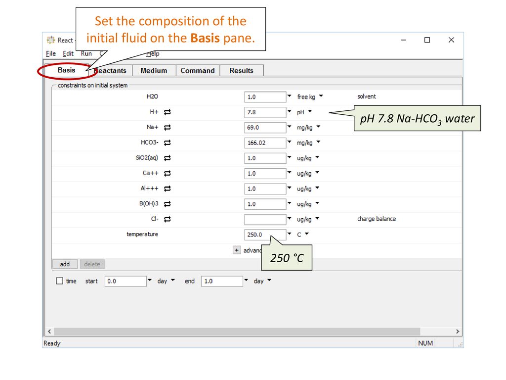 Set the composition of the initial fluid on the Basis pane.