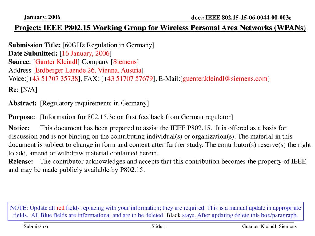 January, 2006 Project: IEEE P Working Group for Wireless Personal Area Networks (WPANs) Submission Title: [60GHz Regulation in Germany]