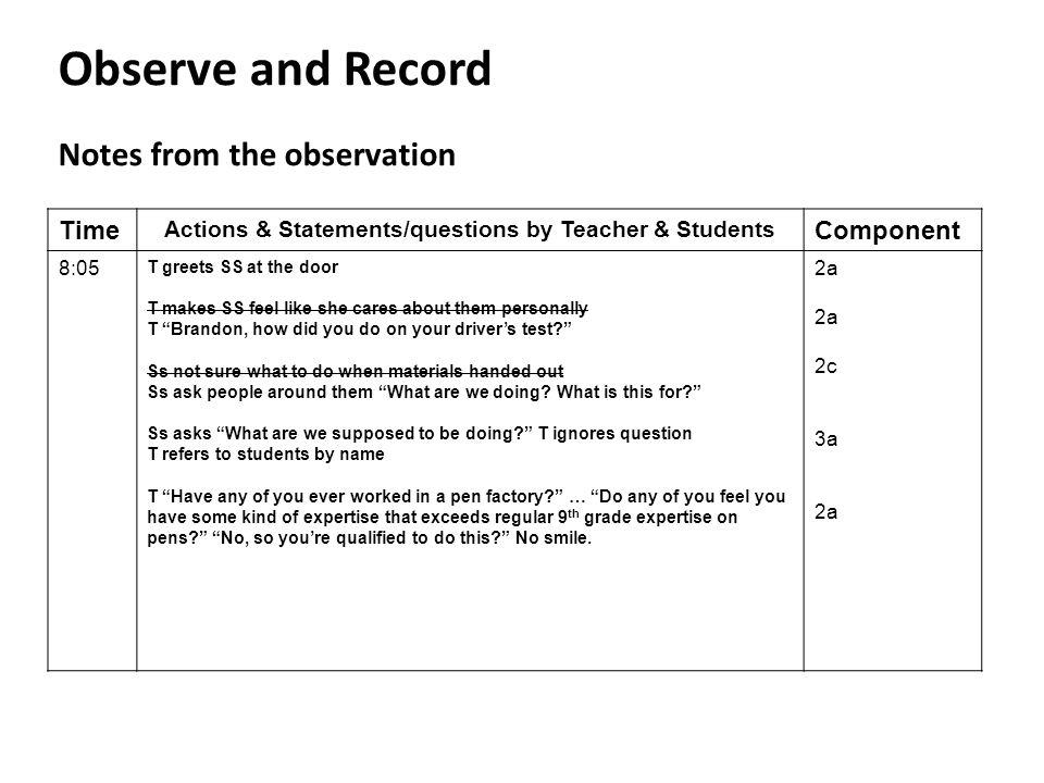 Actions & Statements/questions by Teacher & Students
