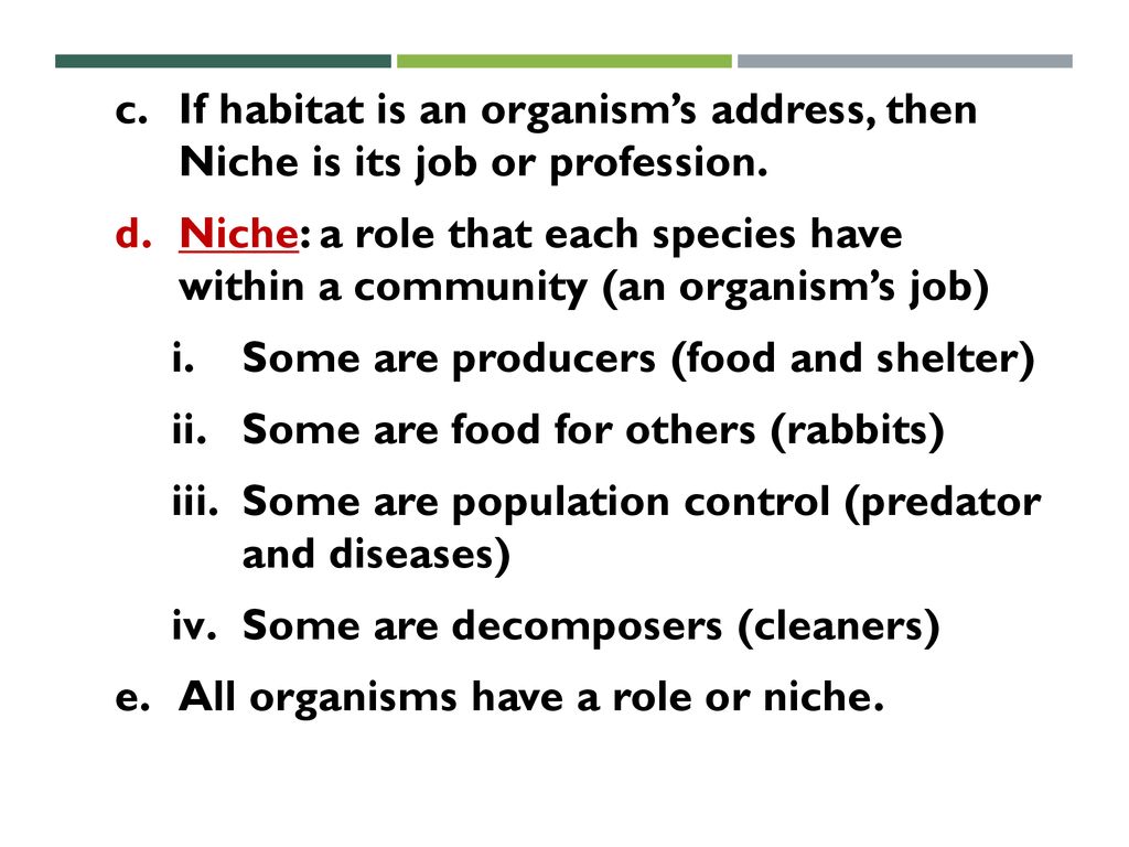 If habitat is an organism’s address, then Niche is its job or profession.