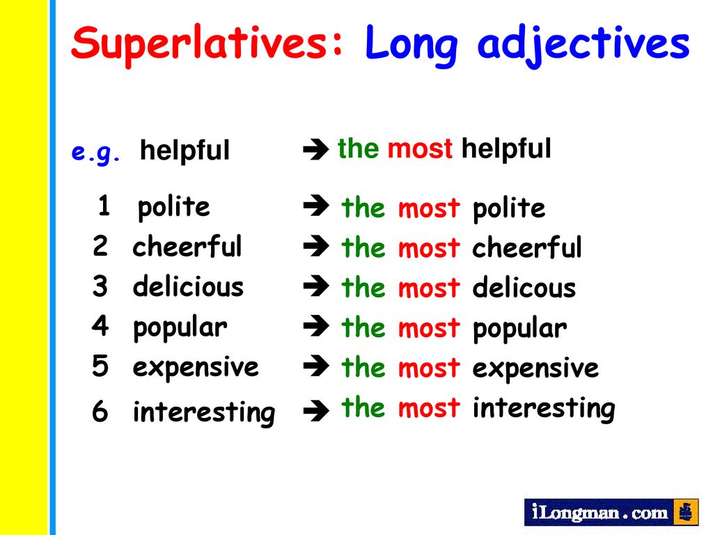 Polite Comparative and Superlative. Comparative form polite. Long adjectives. Politest or most polite. Long compare