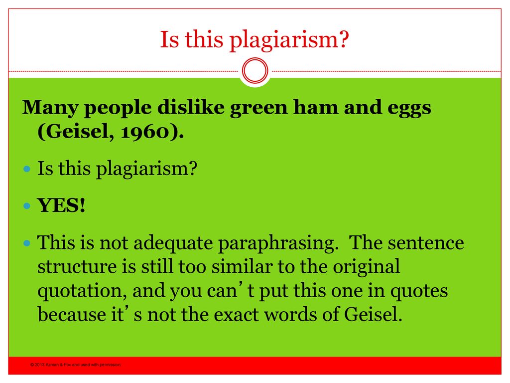 Is this plagiarism Many people dislike green ham and eggs (Geisel, 1960). Is this plagiarism YES!