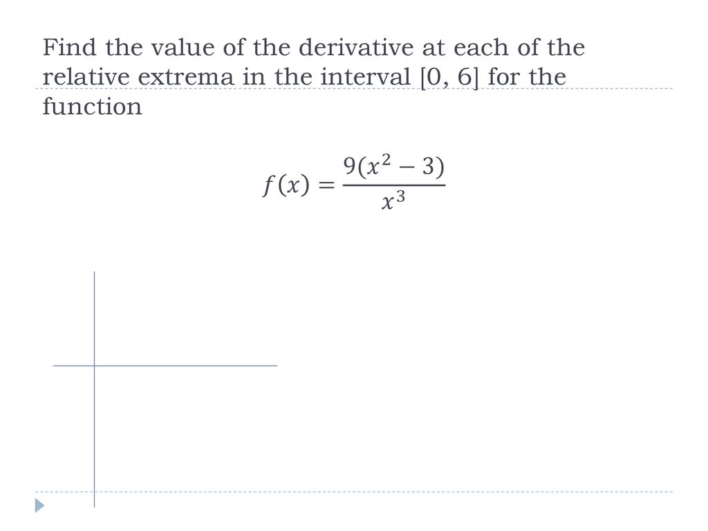 Find the value of the derivative at each of the relative extrema in the interval [0, 6] for the function 𝑓 𝑥 = 9( 𝑥 2 −3) 𝑥 3