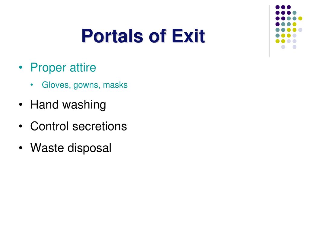 Portals of Exit Proper attire Hand washing Control secretions