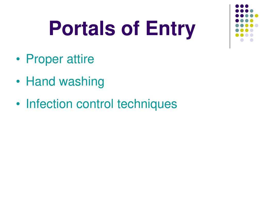 Portals of Entry Proper attire Hand washing