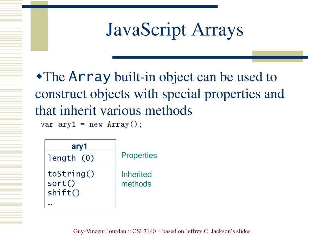 JavaScript Arrays The Array built-in object can be used to construct objects with special properties and that inherit various methods.