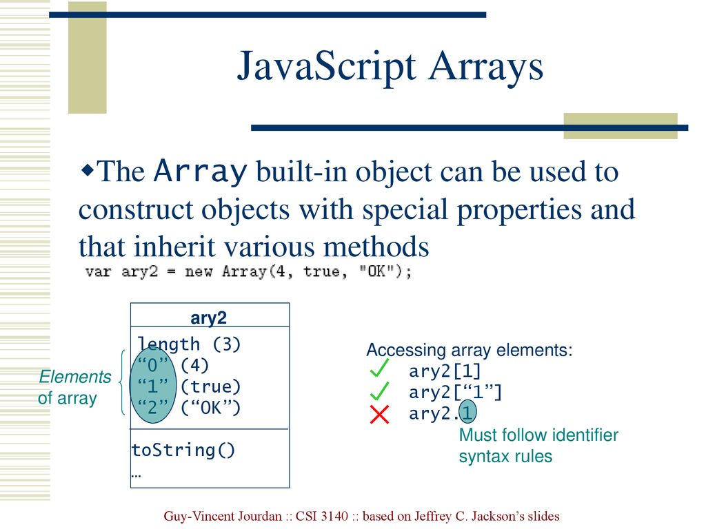 JavaScript Arrays The Array built-in object can be used to construct objects with special properties and that inherit various methods.