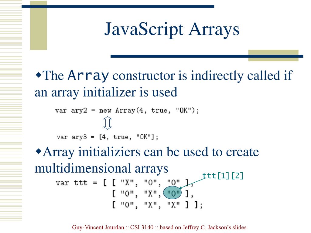 JavaScript Arrays The Array constructor is indirectly called if an array initializer is used.