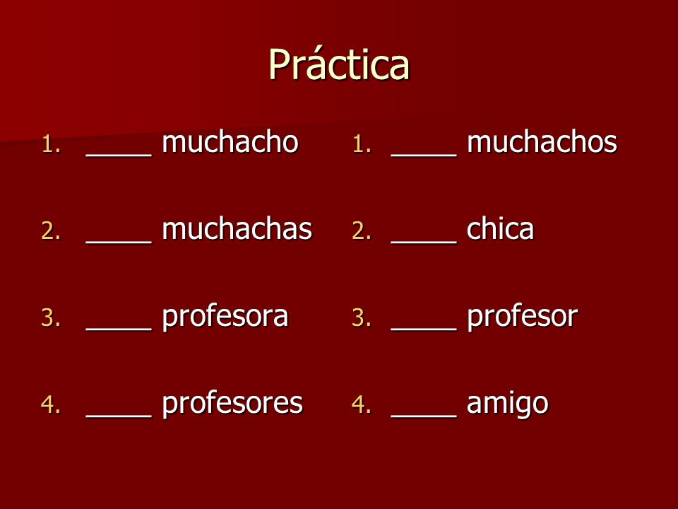 Práctica ____ muchacho ____ muchachas ____ profesora ____ profesores
