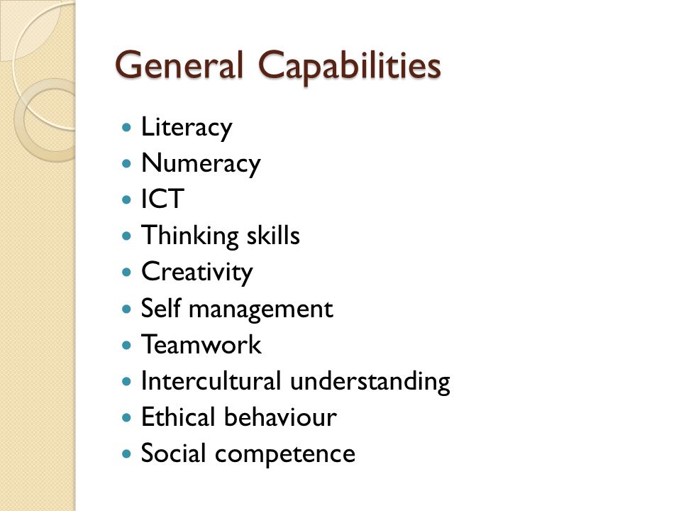 General Capabilities Literacy Numeracy ICT Thinking skills Creativity