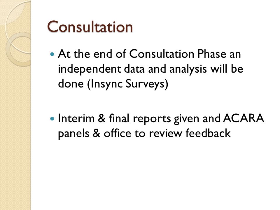 Consultation At the end of Consultation Phase an independent data and analysis will be done (Insync Surveys)