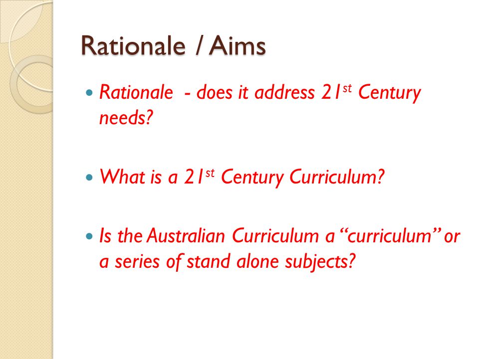 Rationale / Aims Rationale - does it address 21st Century needs