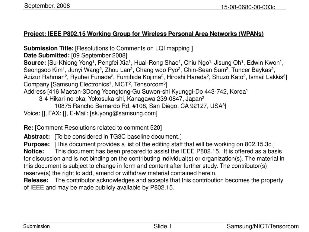doc.: IEEE /XXXr0 Sep 19, Project: IEEE P Working Group for Wireless Personal Area Networks (WPANs)‏