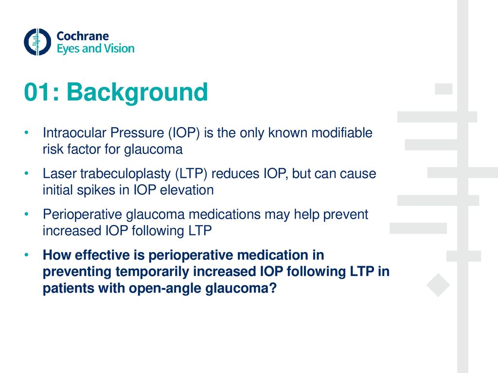 01: Background Intraocular Pressure (IOP) is the only known modifiable risk factor for glaucoma.