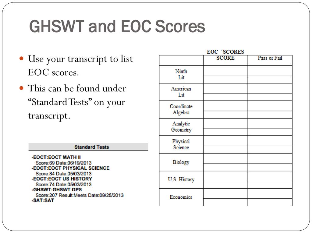 GHSWT and EOC Scores Use your transcript to list EOC scores.