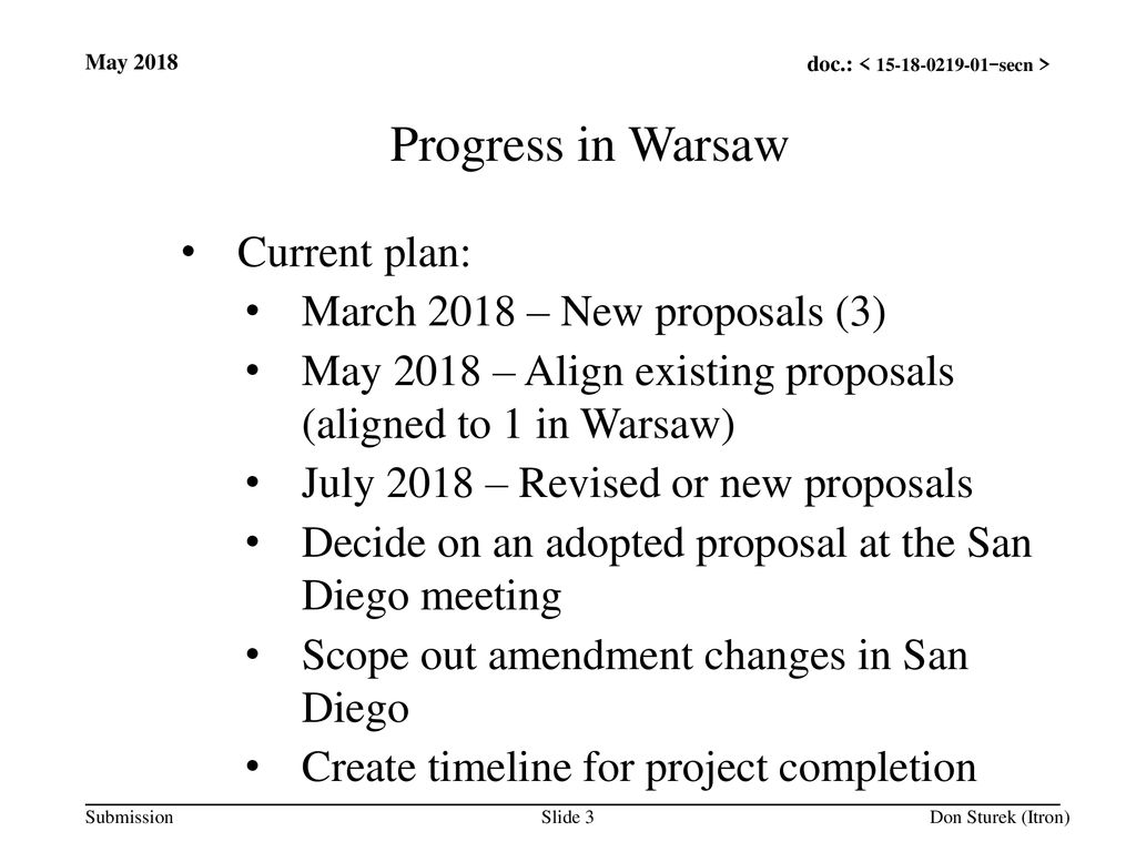 Progress in Warsaw Current plan: March 2018 – New proposals (3)