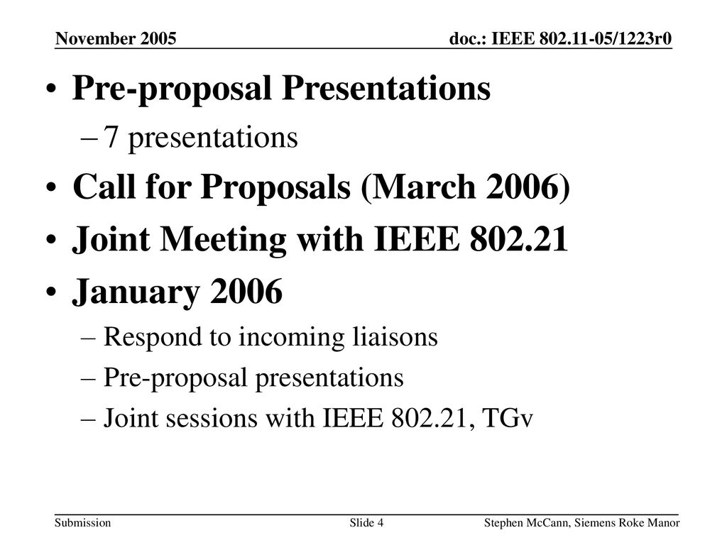 Pre-proposal Presentations Call for Proposals (March 2006)