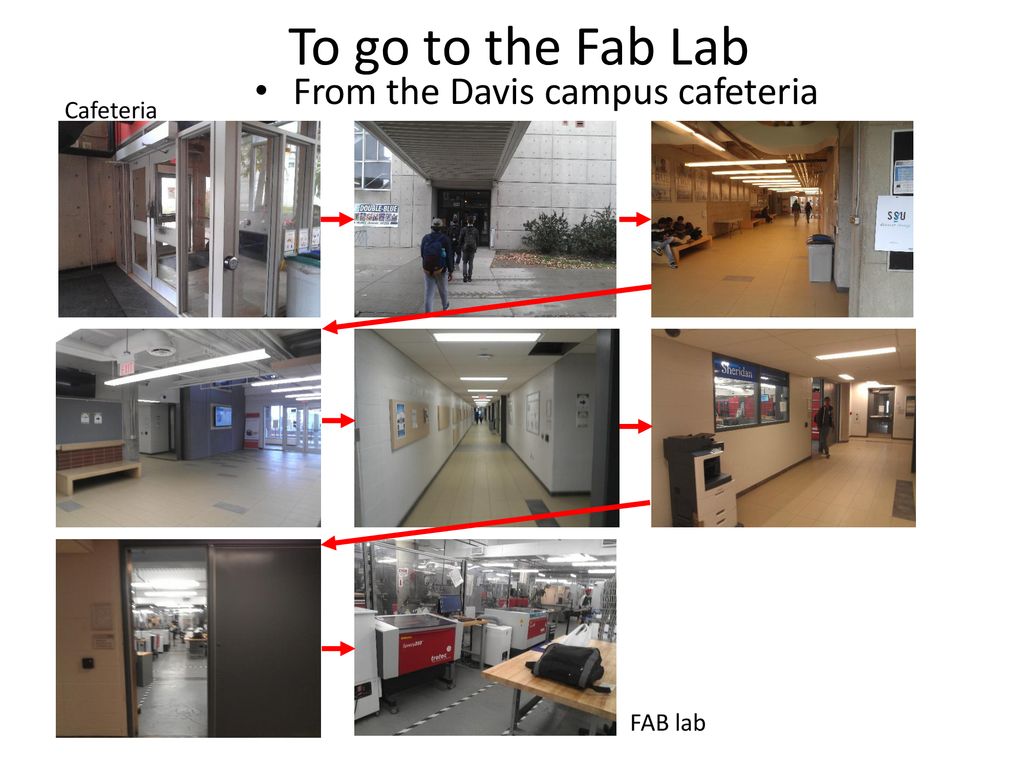 To go to the Fab Lab From the Davis campus cafeteria Cafeteria FAB lab
