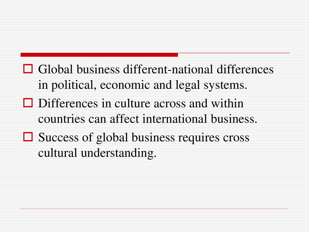 Global business different-national differences in political, economic and legal systems.