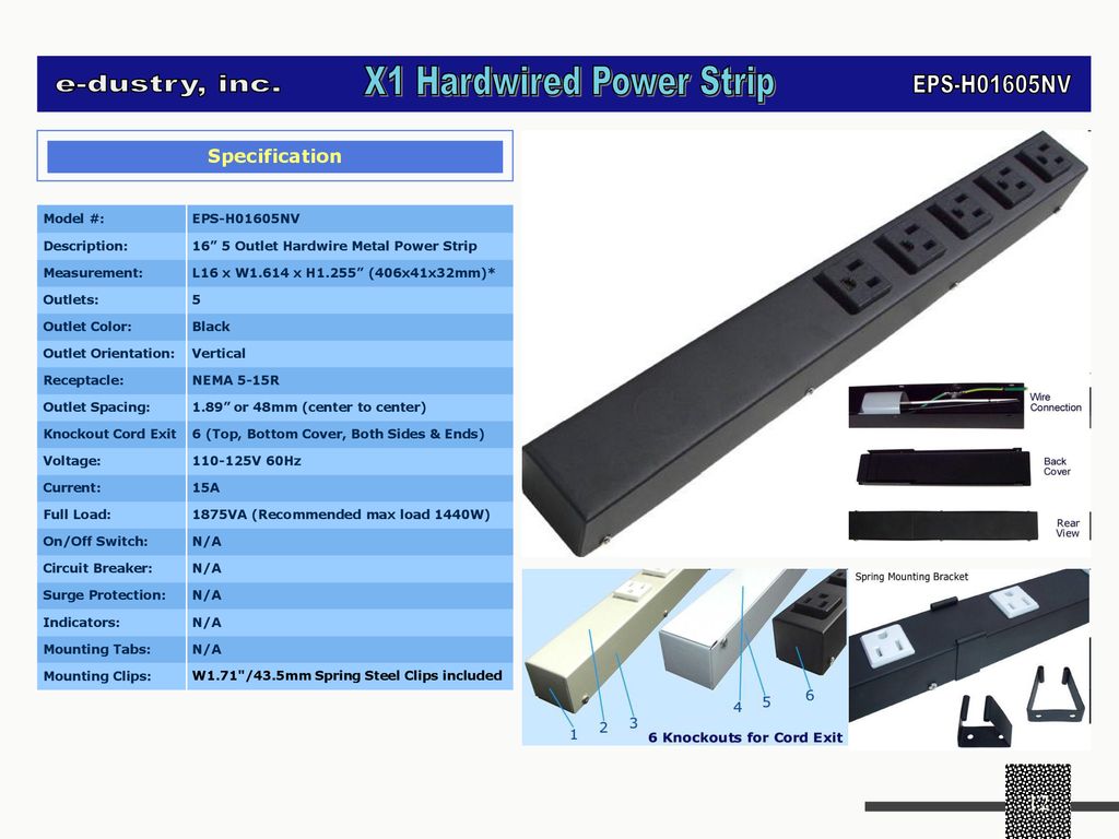 16" 5 Outlets Hardwired Power Strip H01605NV 