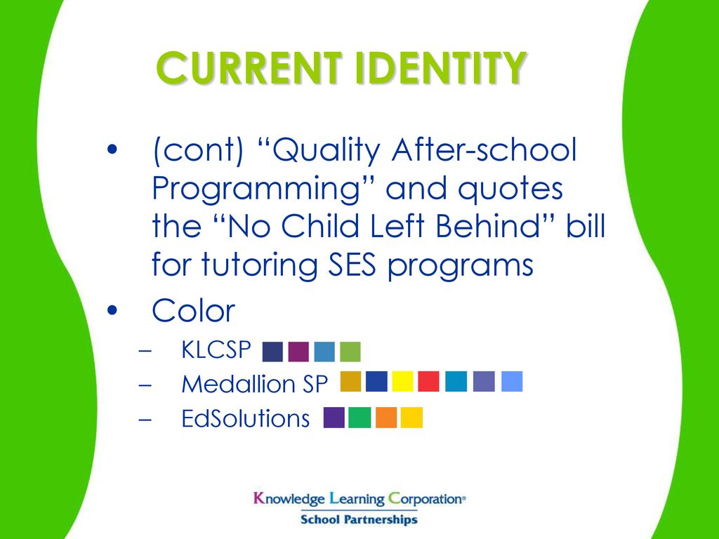 CURRENT IDENTITY (cont) Quality After-school Programming and quotes the No Child Left Behind bill for tutoring SES programs.