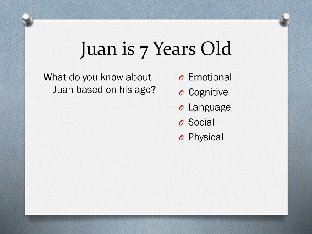 Juan is 7 Years Old What do you know about Juan based on his age