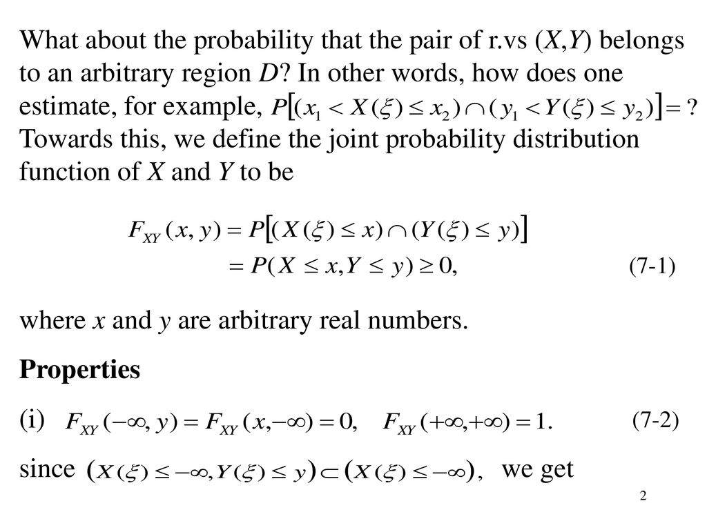 7 Two Random Variables In Many Experiments The Observations Are Expressible Not As A Single Quantity But As A Family Of Quantities For Example To Record Ppt Download