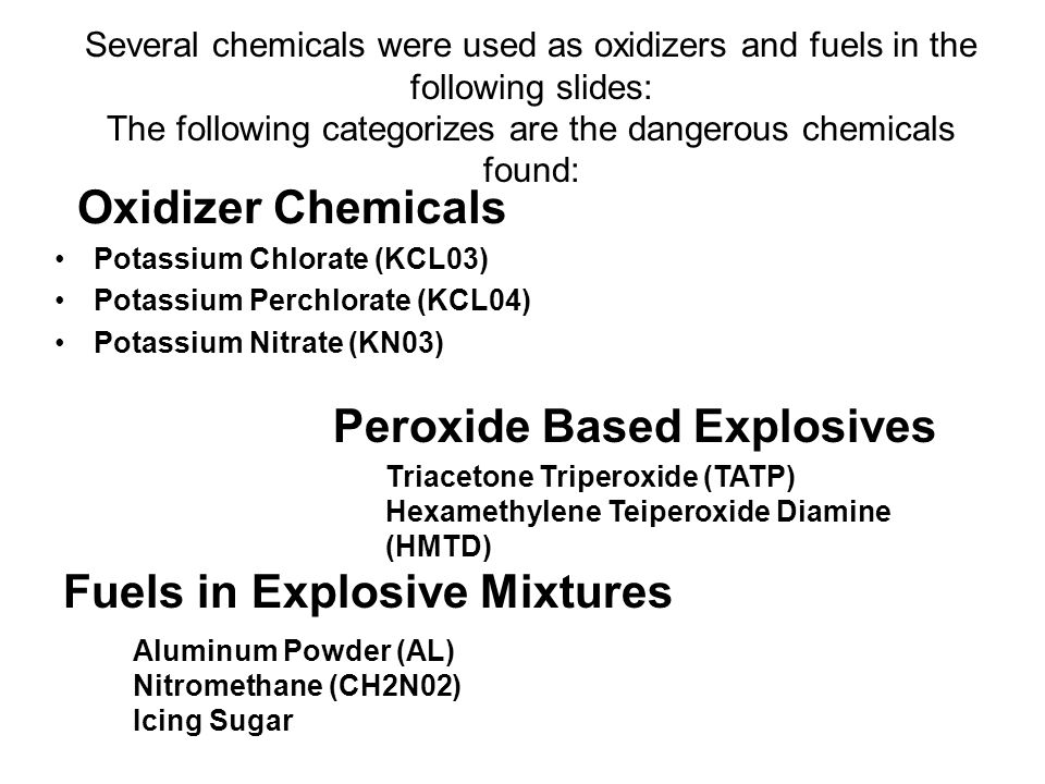 The following categorizes are the dangerous chemicals found: