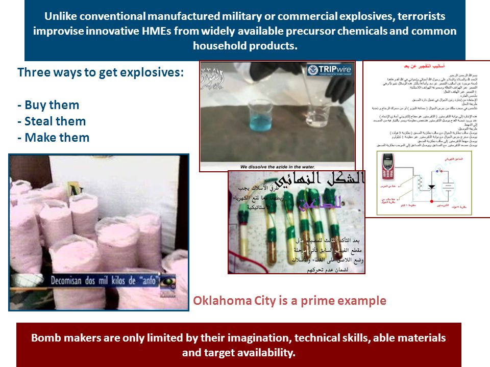 Three ways to get explosives: - Buy them - Steal them - Make them