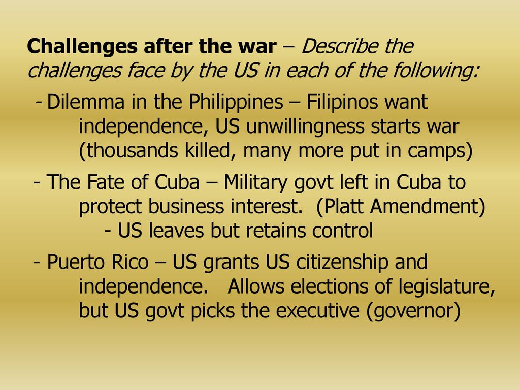 Challenges after the war – Describe the challenges face by the US in each of the following: