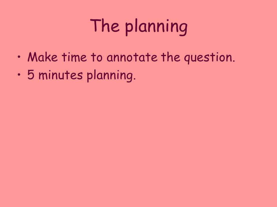 The planning Make time to annotate the question. 5 minutes planning.