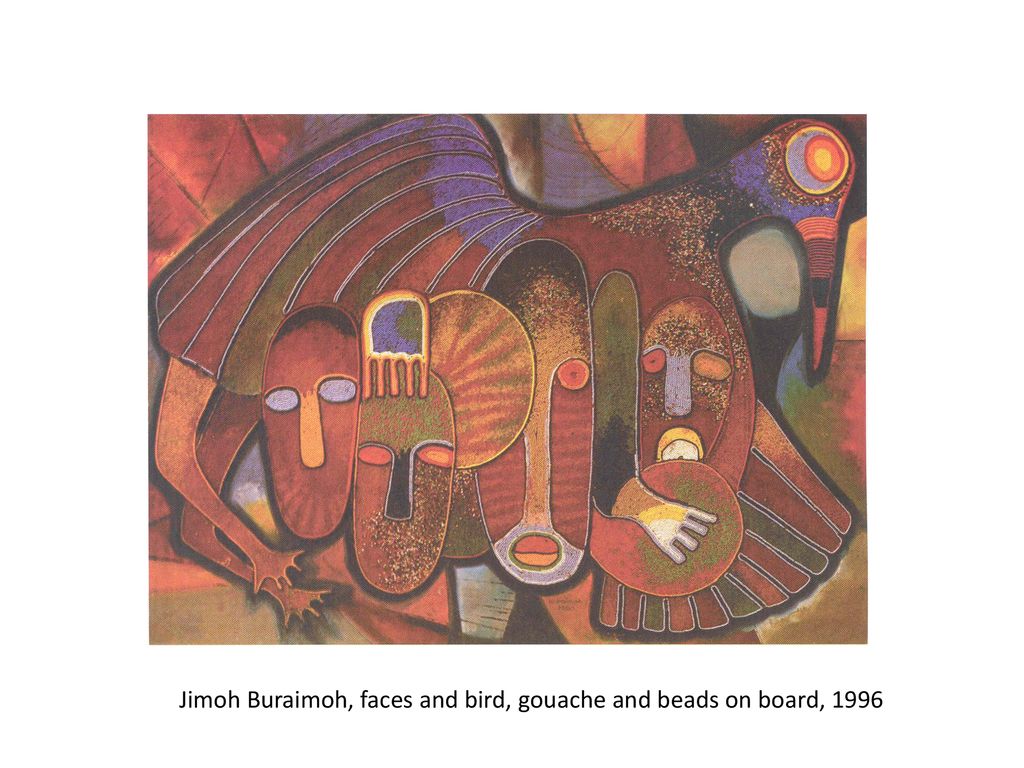 Jimoh Buraimoh, faces and bird, gouache and beads on board, 1996