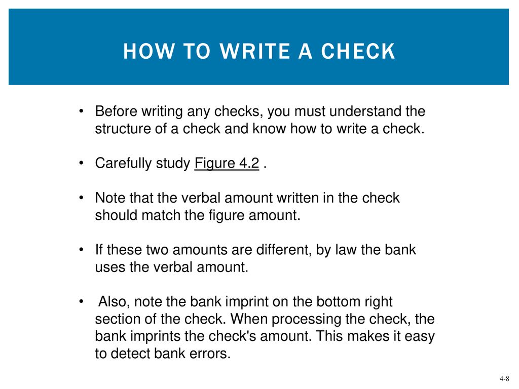 How to write a Check Before writing any checks, you must understand the structure of a check and know how to write a check.