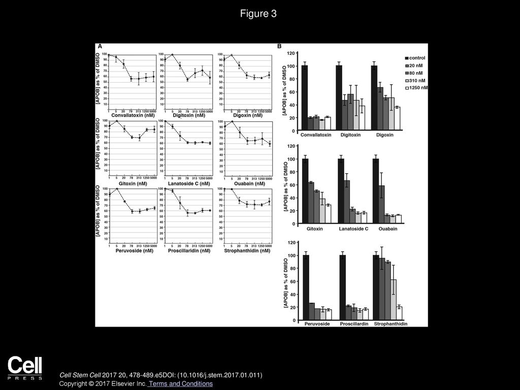 Figure 3 Cardiac Glycosides Inhibit apoB Production at Nanomolar Concentrations.