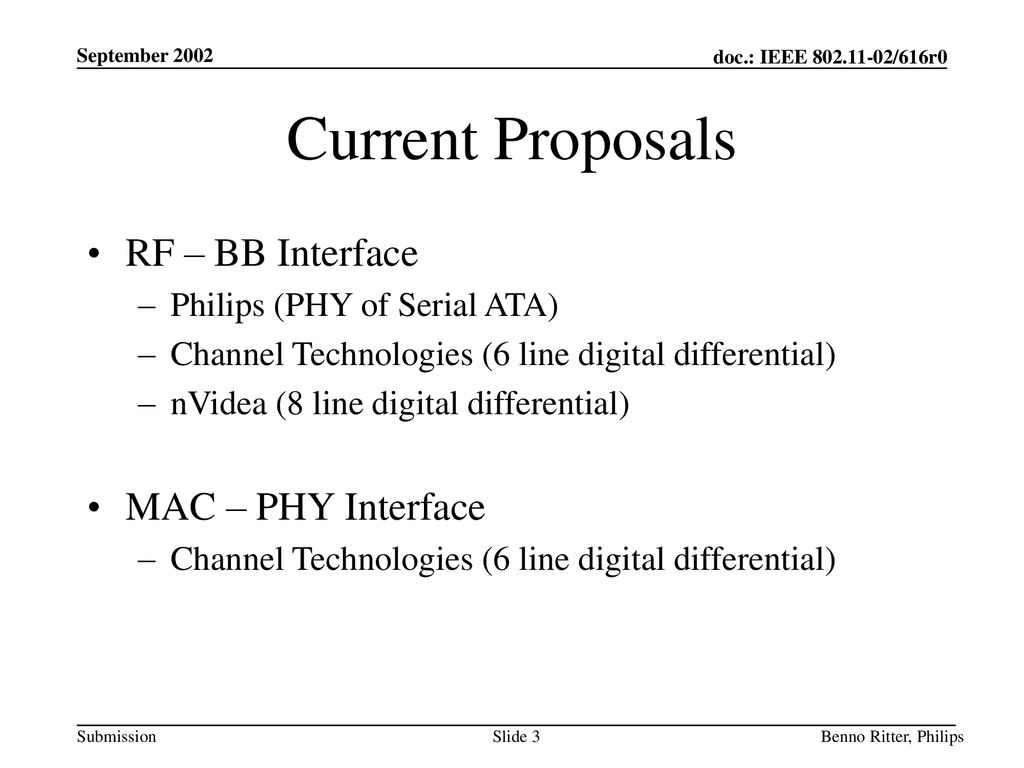 Current Proposals RF – BB Interface MAC – PHY Interface