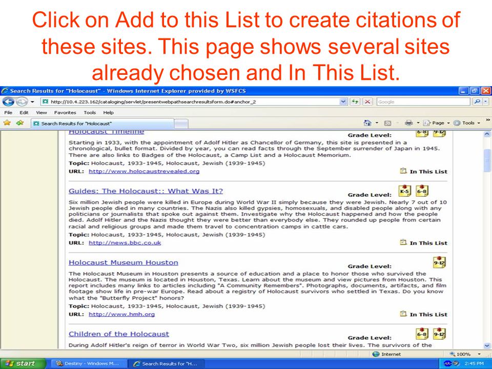 Click on Add to this List to create citations of these sites