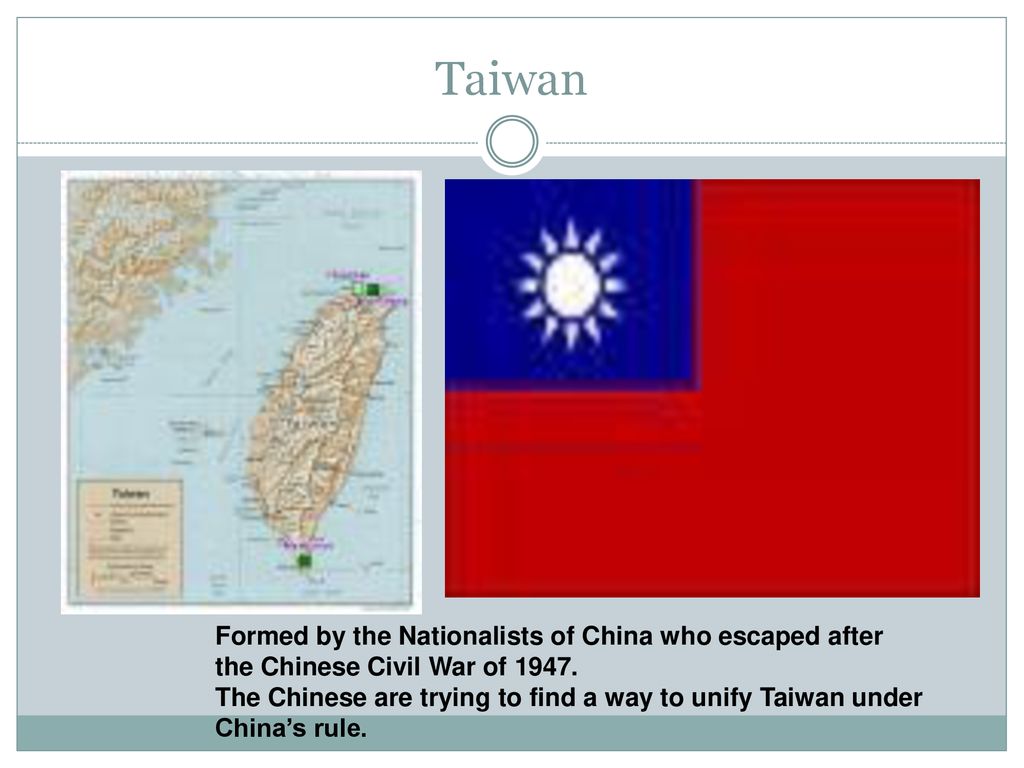 Taiwan Formed by the Nationalists of China who escaped after