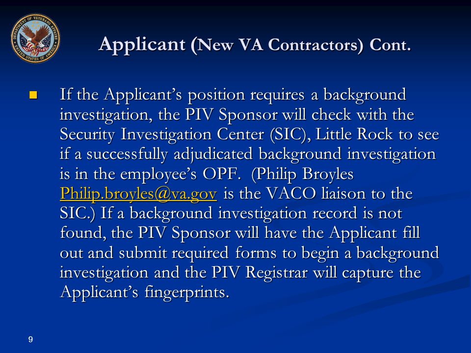 Applicant (New VA Contractors) Cont.
