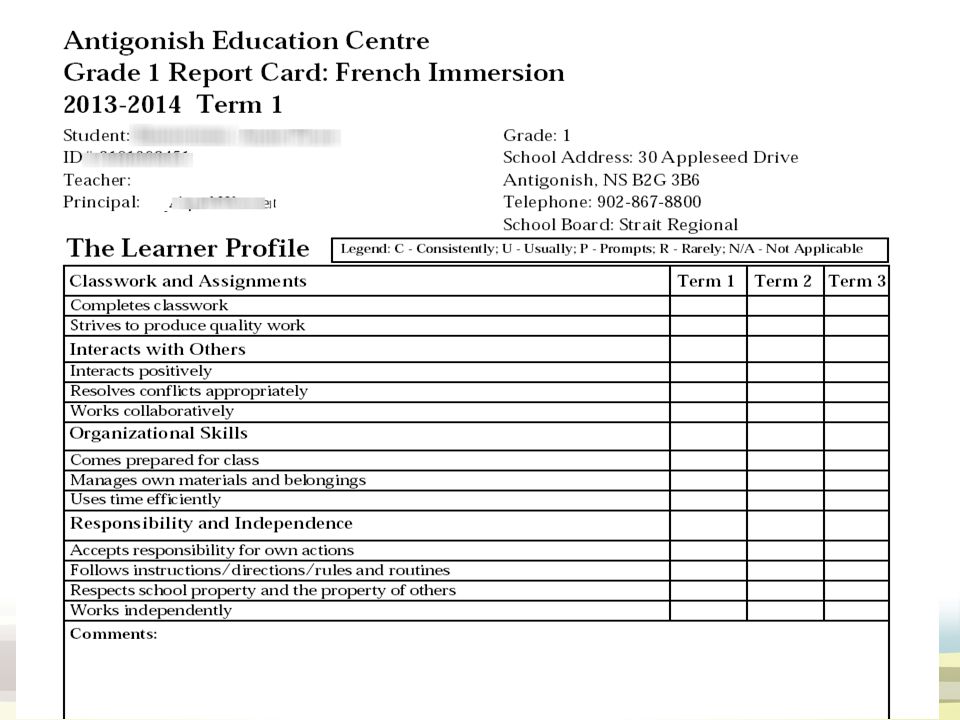 Here is a sample of the Grade 1 Learner Profile where each items is reported on.