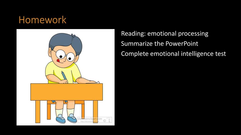 Homework Reading: emotional processing Summarize the PowerPoint Complete emotional intelligence test