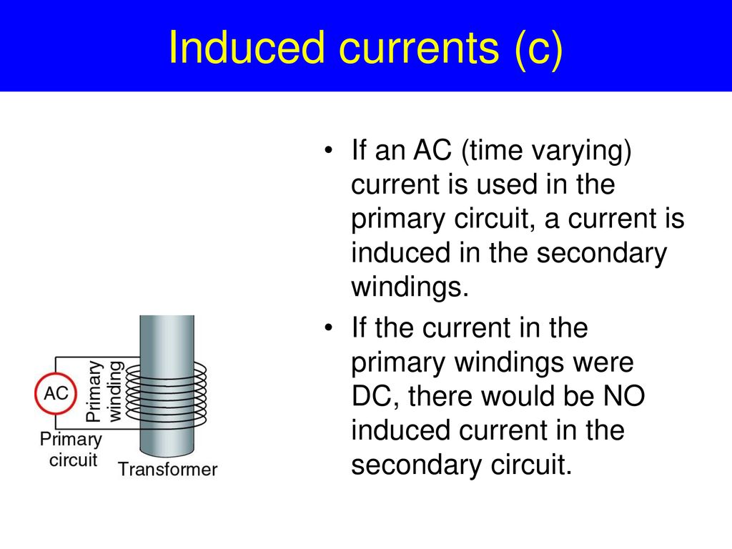 Induced currents (c) If an AC (time varying) current is used in the primary circuit, a current is induced in the secondary windings.