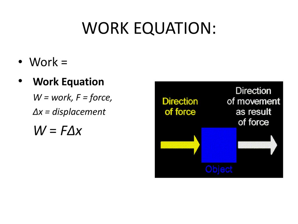 WORK EQUATION: W = FΔx Work = Work Equation W = work, F = force,