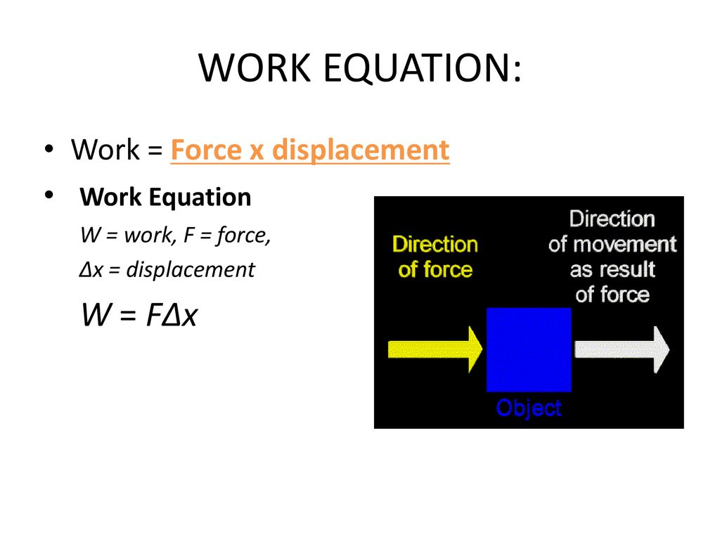 WORK EQUATION: W = FΔx Work = Force x displacement Work Equation